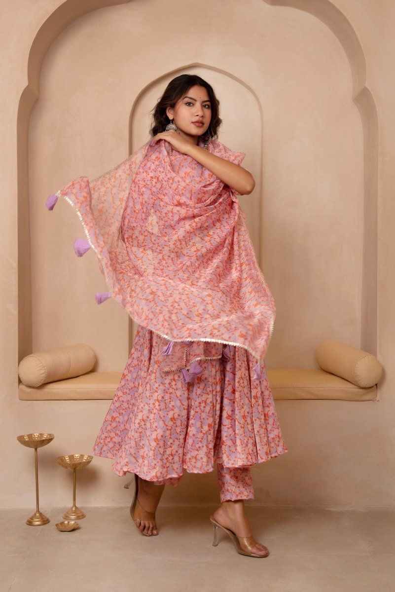 DHOOP CHAAV ASMI MUSLIN ANARKALI SET WITH ORGANZA DUPATTA - Pomcha Jaipur