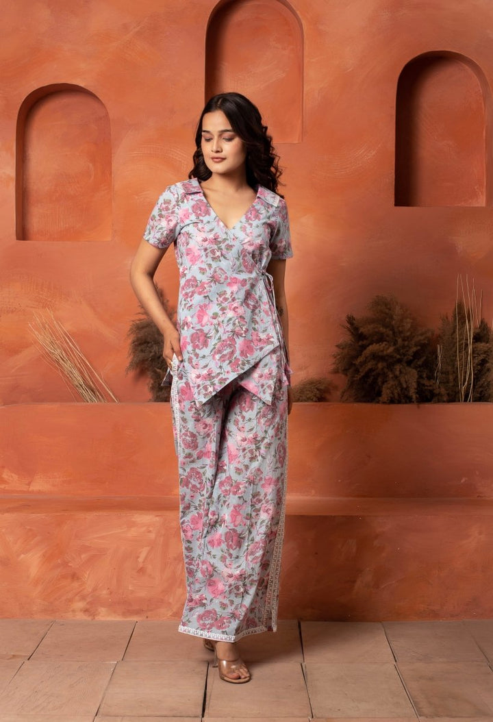 DHOOP CHAAV BLUE COTTON PRINTED ANGRAKHA PATTERN CO - ORD SET - Pomcha Jaipur