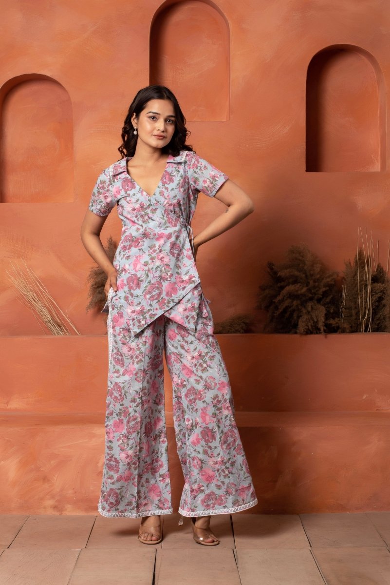 DHOOP CHAAV BLUE COTTON PRINTED ANGRAKHA PATTERN CO - ORD SET - Pomcha Jaipur