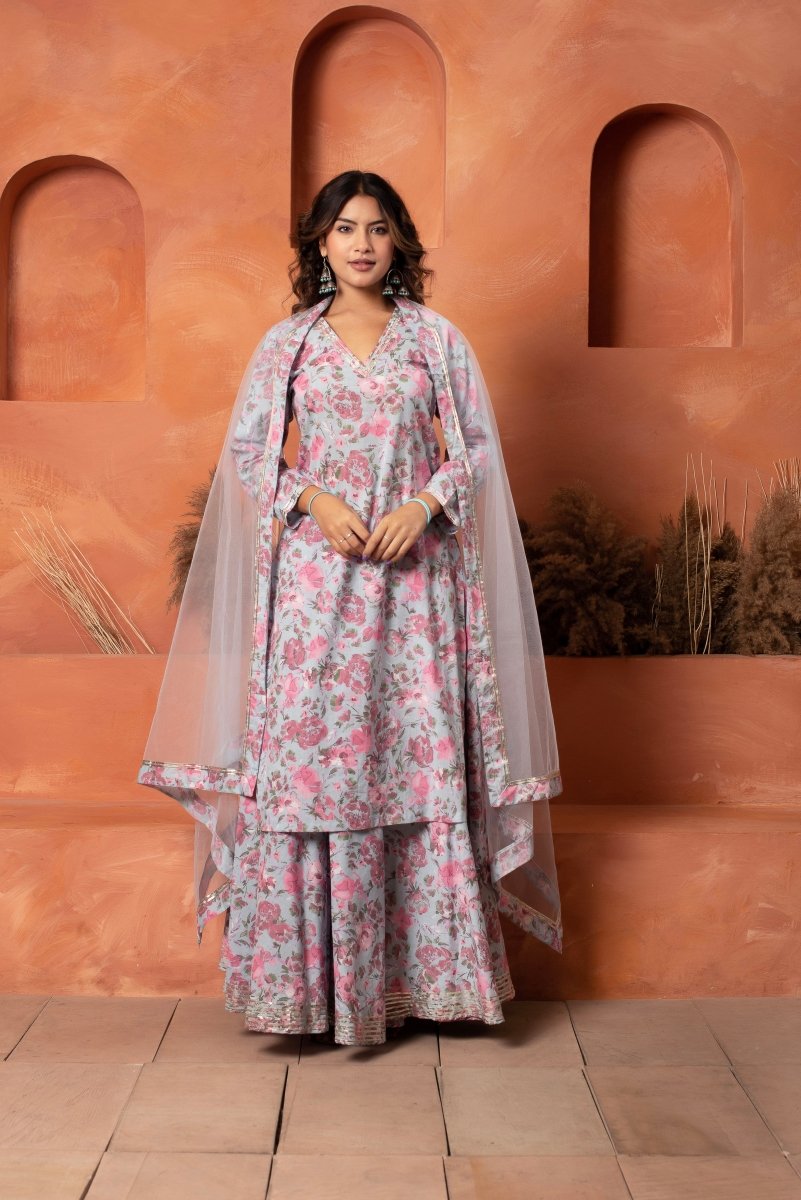 DHOOP CHAAV BLUE COTTON PRINTED KURTA SKIRT SET WITH SOFT NET DUPATTA - Pomcha Jaipur
