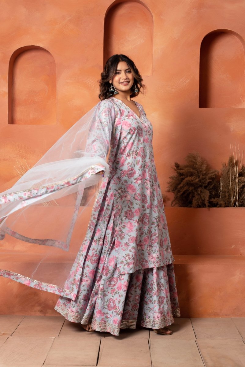 DHOOP CHAAV BLUE COTTON PRINTED KURTA SKIRT SET WITH SOFT NET DUPATTA - Pomcha Jaipur