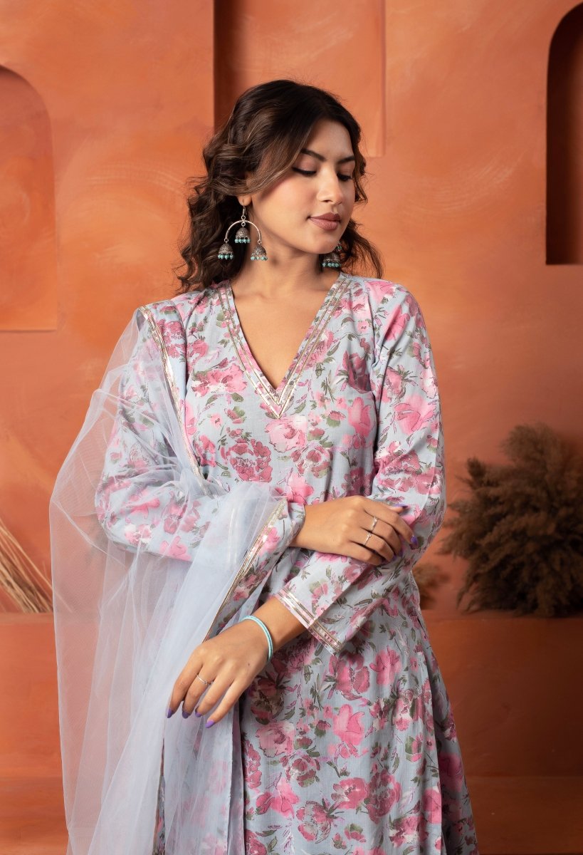 DHOOP CHAAV BLUE COTTON PRINTED KURTA SKIRT SET WITH SOFT NET DUPATTA - Pomcha Jaipur