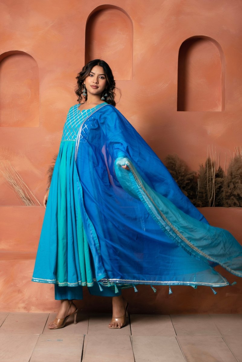 DHOOP CHAAV BLUE TWO SHADE COTTON ANARKALI SET WITH CHIFFON PRINTED DUPATTA - Pomcha Jaipur