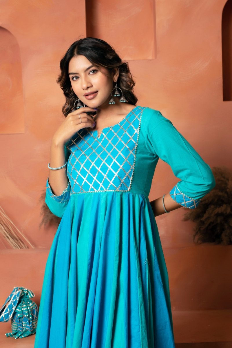 DHOOP CHAAV BLUE TWO SHADE COTTON ANARKALI SET WITH CHIFFON PRINTED DUPATTA - Pomcha Jaipur