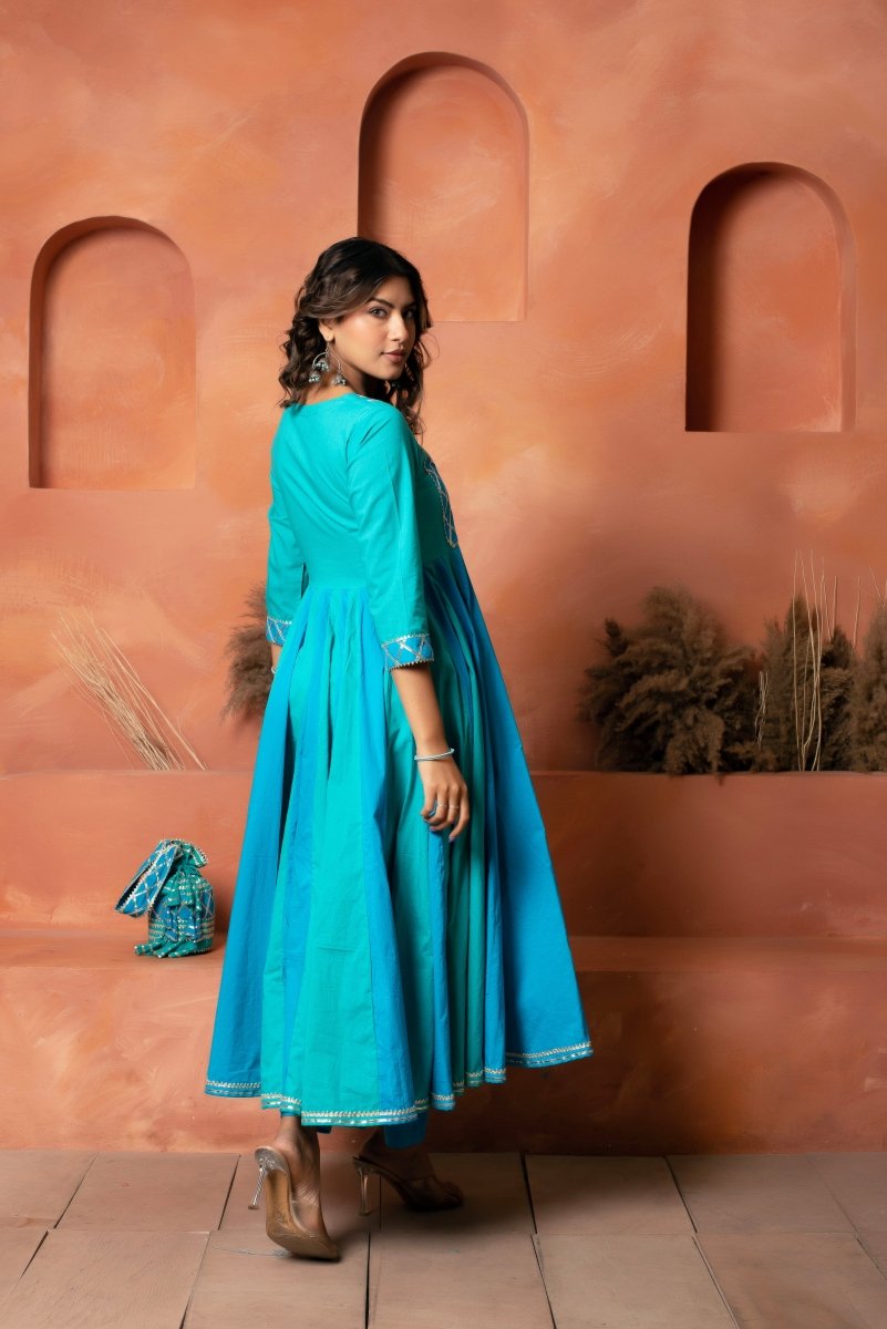 DHOOP CHAAV BLUE TWO SHADE COTTON ANARKALI SET WITH CHIFFON PRINTED DUPATTA - Pomcha Jaipur