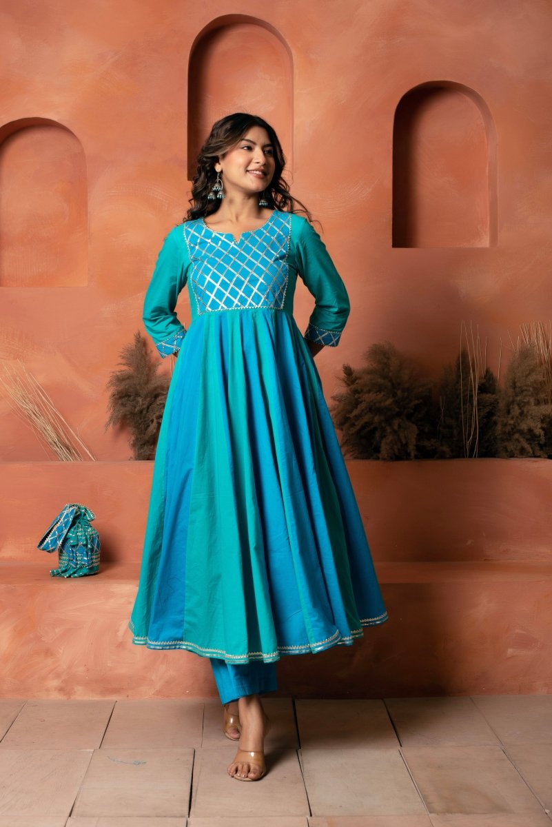 DHOOP CHAAV BLUE TWO SHADE COTTON ANARKALI SET WITH CHIFFON PRINTED DUPATTA - Pomcha Jaipur
