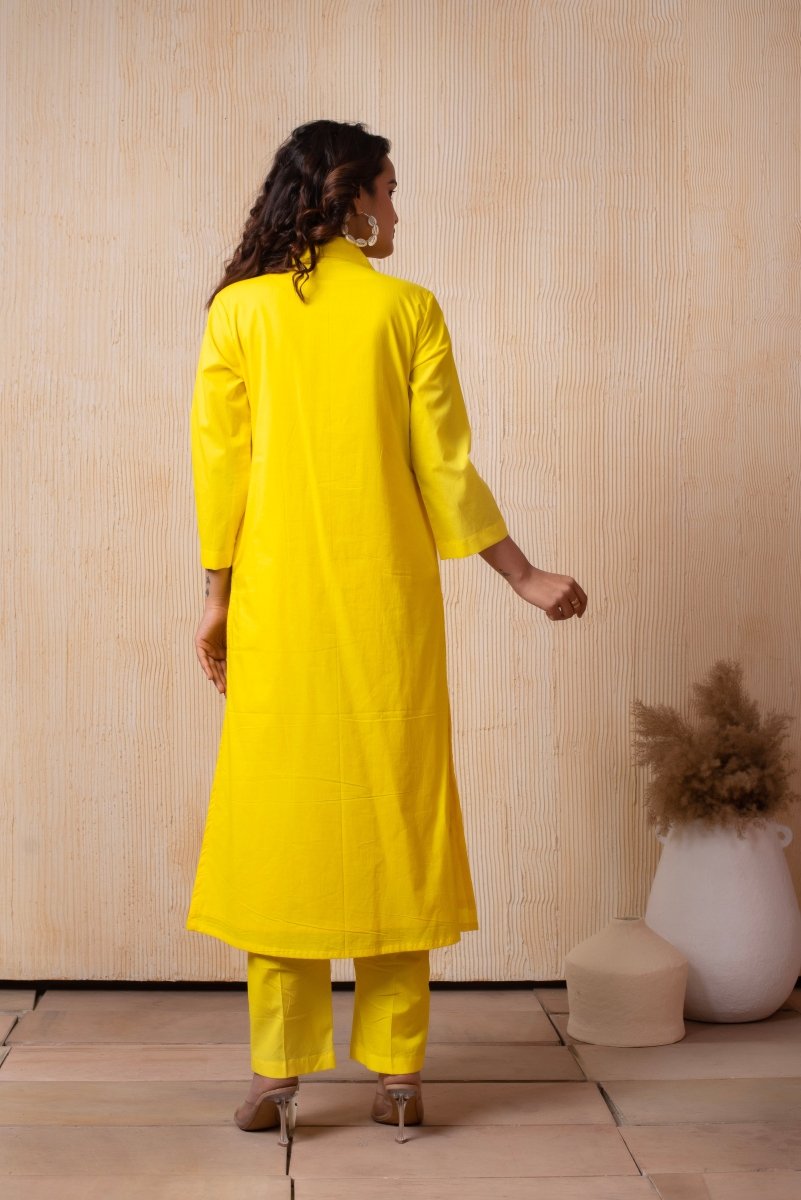 DHOOP CHAAV BRIGHT YELLOW COTTON COLLARED CO - ORD SET - Pomcha Jaipur