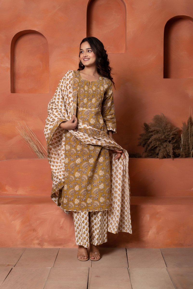 DHOOP CHAAV BROWN HAND BLOCK PRINT COTTON SUIT SET WITH COTTON DUPATTA - Pomcha Jaipur