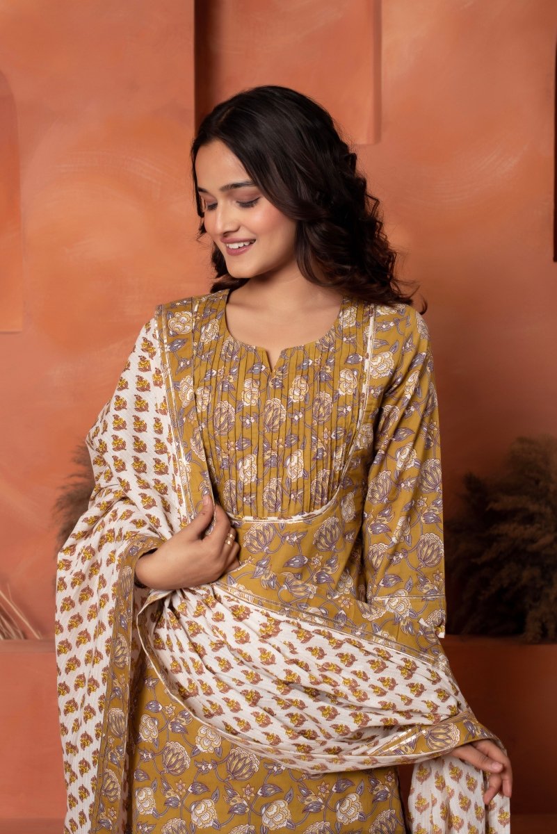 DHOOP CHAAV BROWN HAND BLOCK PRINT COTTON SUIT SET WITH COTTON DUPATTA - Pomcha Jaipur