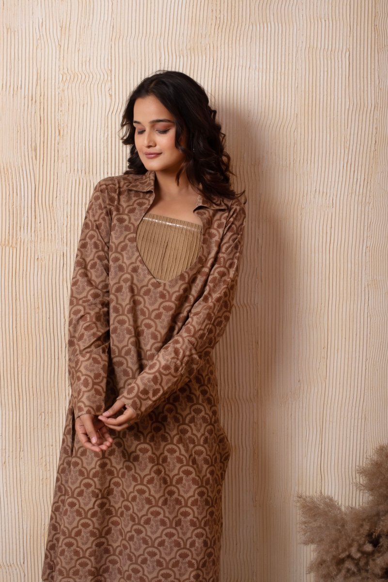 DHOOP CHAAV COTTON BROWN HAND BLOCK 3 PIECE SET - Pomcha Jaipur