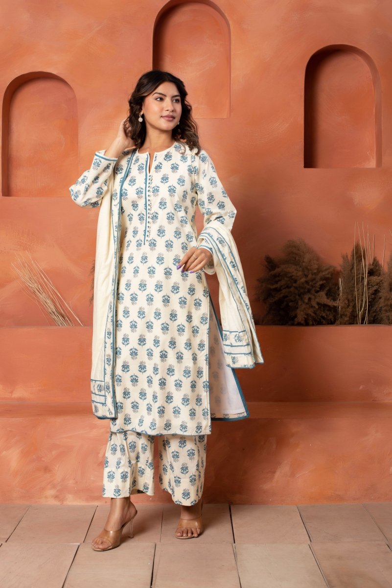 DHOOP CHAAV COTTON HAND BLOCK BLUE WHITE KURTA SET WITH COTTON DUPATTA - Pomcha Jaipur