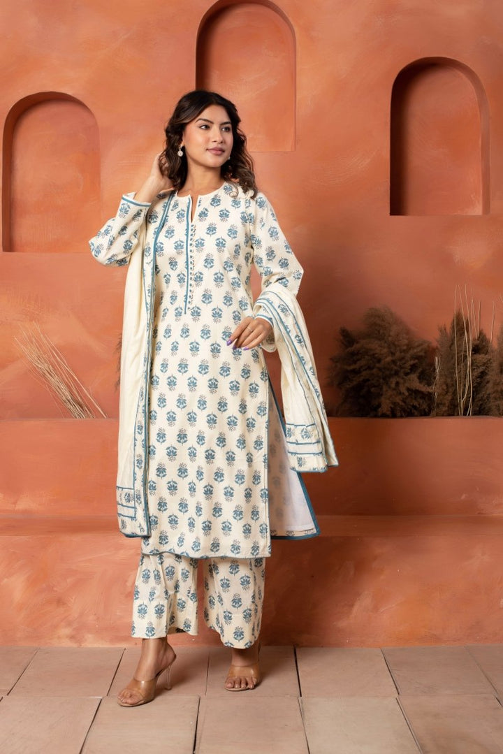 DHOOP CHAAV COTTON HAND BLOCK BLUE WHITE KURTA SET WITH COTTON DUPATTA - Pomcha Jaipur