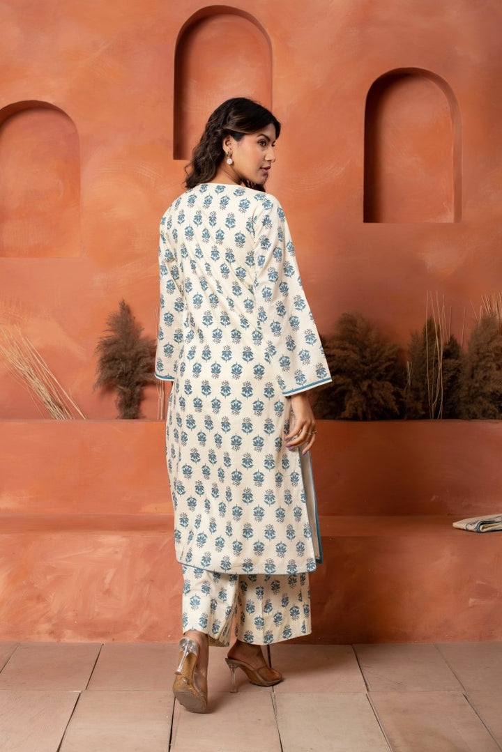 DHOOP CHAAV COTTON HAND BLOCK BLUE WHITE KURTA SET WITH COTTON DUPATTA - Pomcha Jaipur