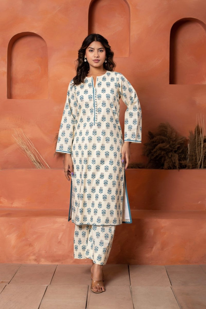DHOOP CHAAV COTTON HAND BLOCK BLUE WHITE KURTA SET WITH COTTON DUPATTA - Pomcha Jaipur