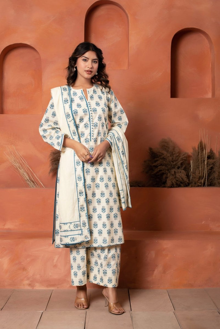 DHOOP CHAAV COTTON HAND BLOCK BLUE WHITE KURTA SET WITH COTTON DUPATTA - Pomcha Jaipur