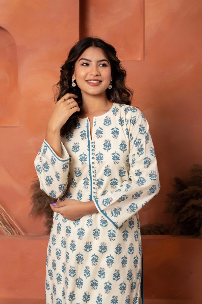 DHOOP CHAAV COTTON HAND BLOCK BLUE WHITE KURTA SET WITH COTTON DUPATTA - Pomcha Jaipur