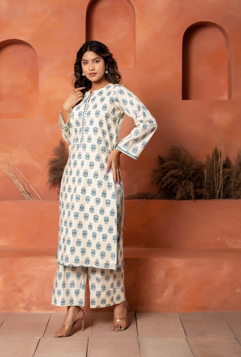 DHOOP CHAAV COTTON HAND BLOCK BLUE WHITE KURTA SET WITH COTTON DUPATTA - Pomcha Jaipur