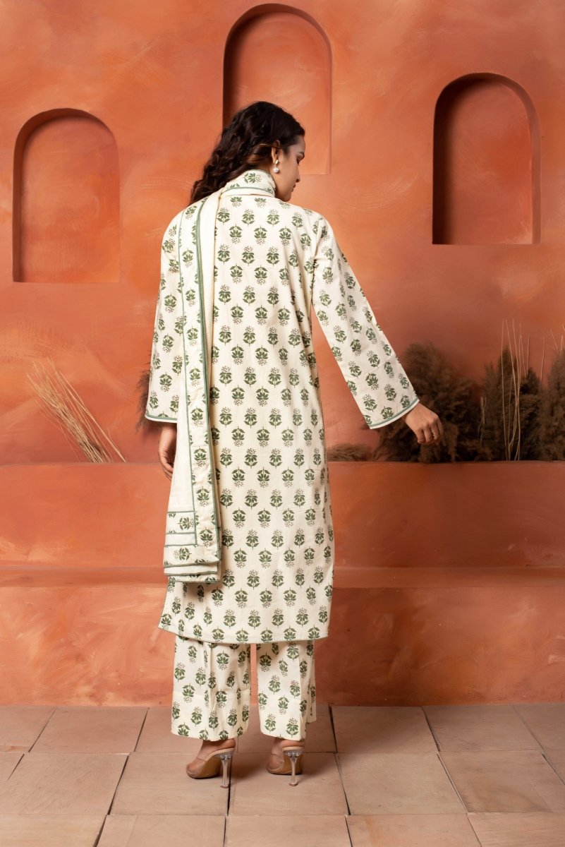 DHOOP CHAAV COTTON HAND BLOCK GREEN OFF WHITE KURTA SET WITH COTTON DUPATTA - Pomcha Jaipur