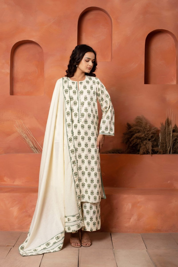 DHOOP CHAAV COTTON HAND BLOCK GREEN OFF WHITE KURTA SET WITH COTTON DUPATTA - Pomcha Jaipur