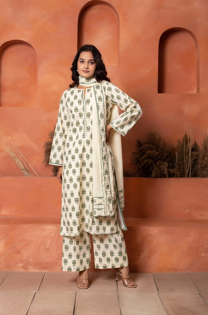 DHOOP CHAAV COTTON HAND BLOCK GREEN OFF WHITE KURTA SET WITH COTTON DUPATTA - Pomcha Jaipur