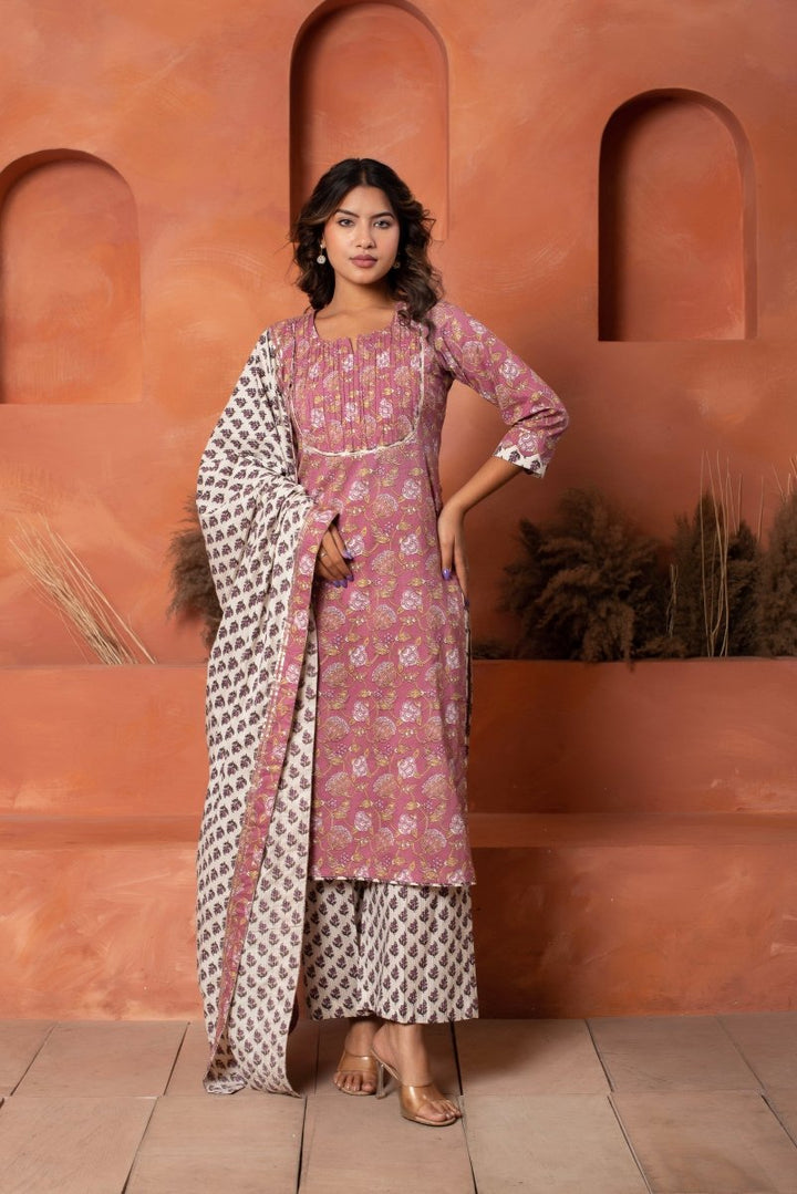 DHOOP CHAAV DUSKY ROSE HAND BLOCK COTTON SUIT SET WITH COTTON DUPATTA - Pomcha Jaipur
