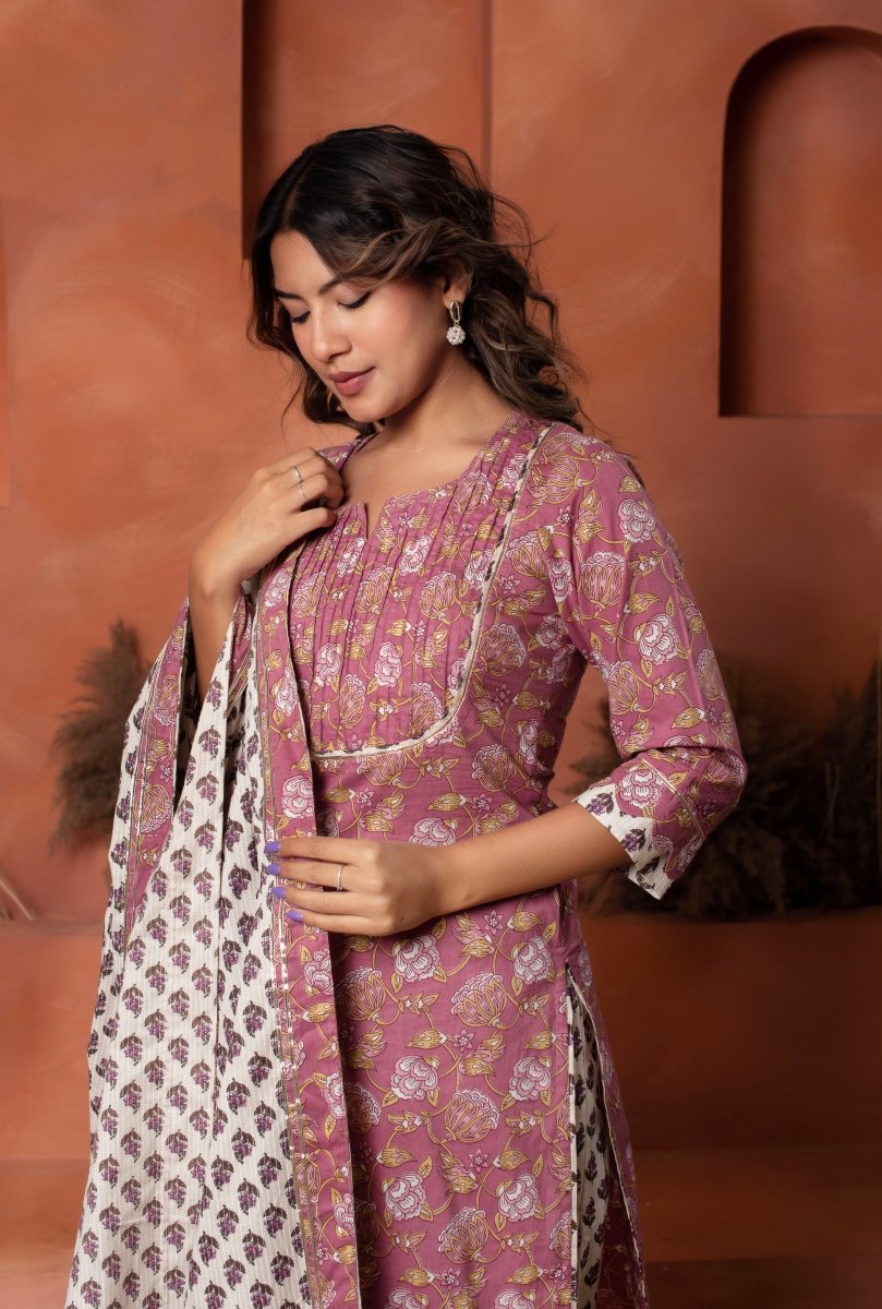 DHOOP CHAAV DUSKY ROSE HAND BLOCK COTTON SUIT SET WITH COTTON DUPATTA - Pomcha Jaipur