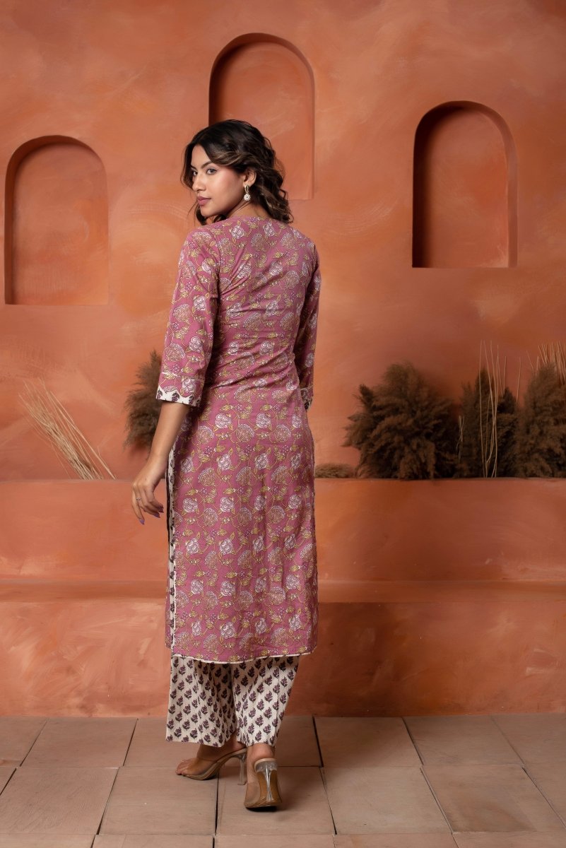 DHOOP CHAAV DUSKY ROSE HAND BLOCK COTTON SUIT SET WITH COTTON DUPATTA - Pomcha Jaipur