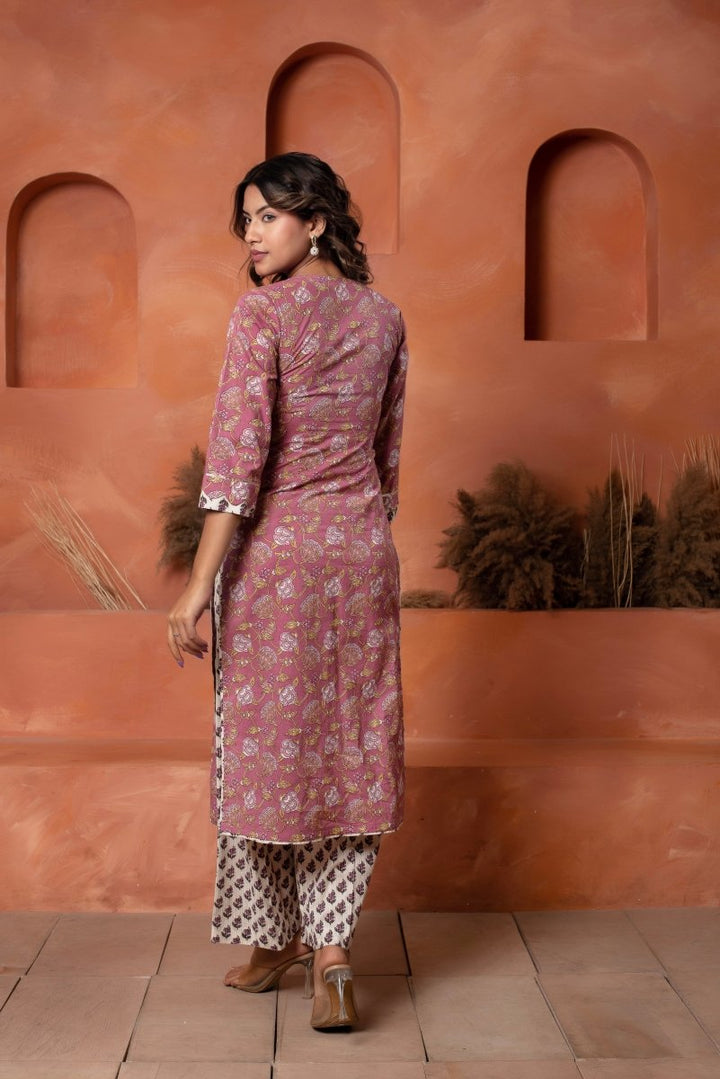 DHOOP CHAAV DUSKY ROSE HAND BLOCK COTTON SUIT SET WITH COTTON DUPATTA - Pomcha Jaipur