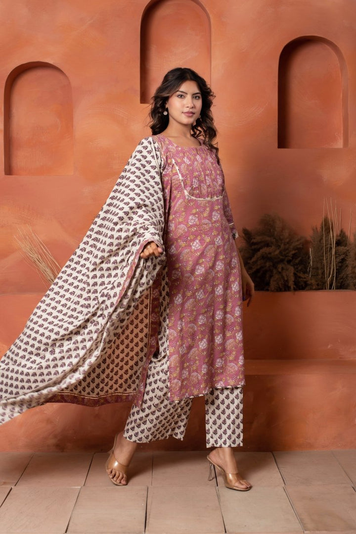 DHOOP CHAAV DUSKY ROSE HAND BLOCK COTTON SUIT SET WITH COTTON DUPATTA - Pomcha Jaipur