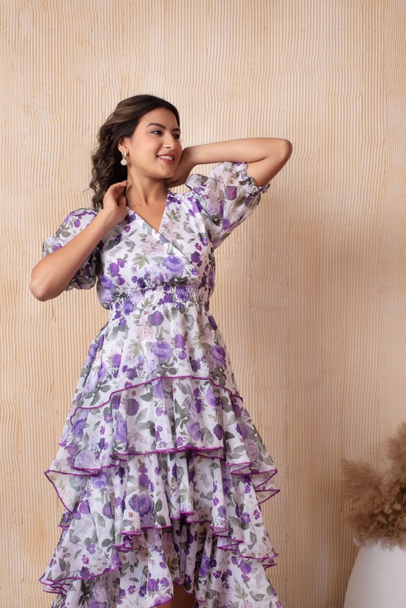 DHOOP CHAAV GLORIA LEVENDER FLORAL PRINT RUFFLE ORGANZA MIDI DRESS - Pomcha Jaipur