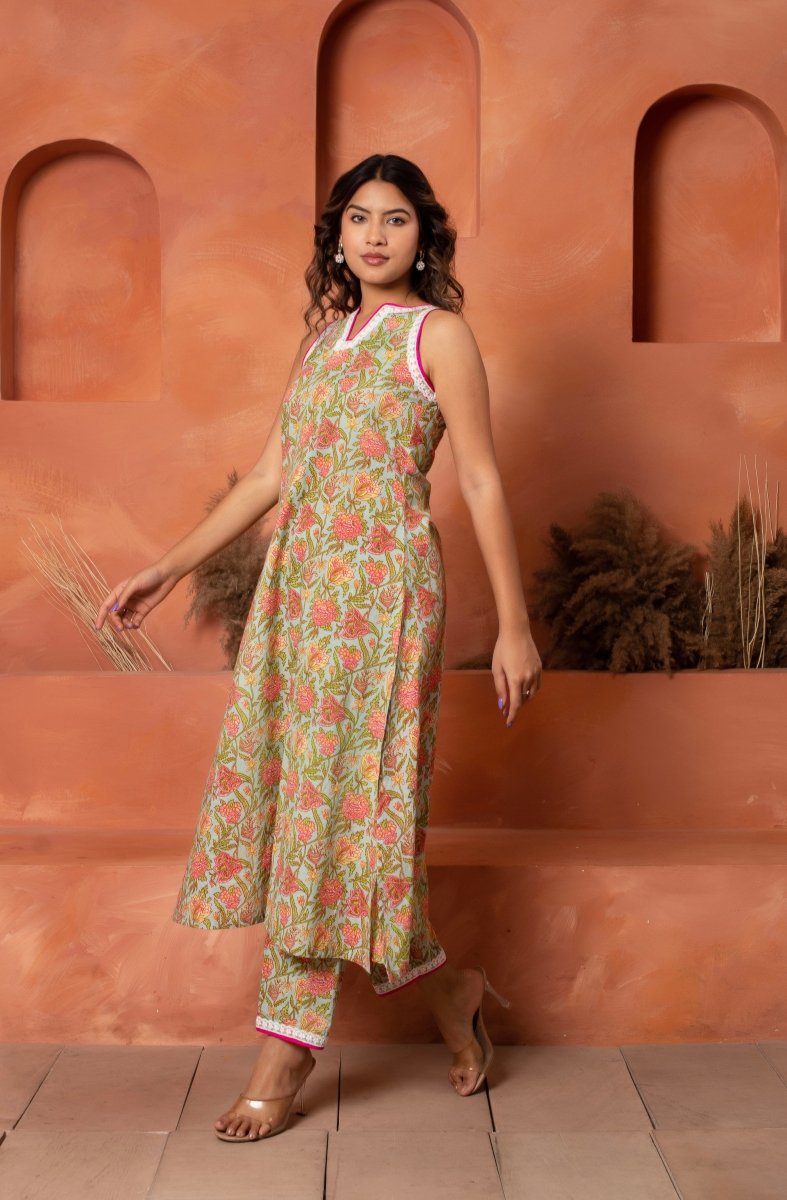 DHOOP CHAAV GREEN COTTON HAND BLOCK EMBROIDERY CO - ORD SET - Pomcha Jaipur