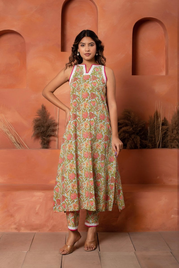 DHOOP CHAAV GREEN COTTON HAND BLOCK EMBROIDERY CO - ORD SET - Pomcha Jaipur