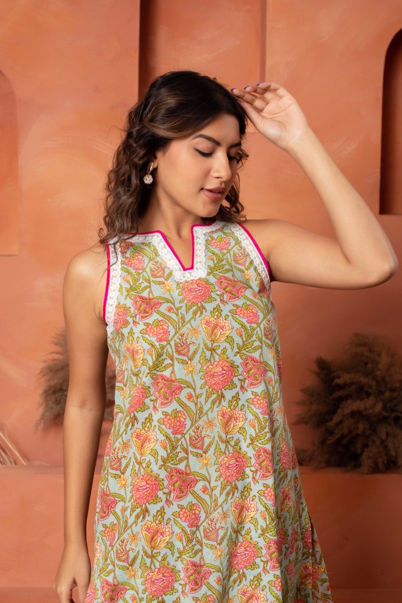 DHOOP CHAAV GREEN COTTON HAND BLOCK EMBROIDERY CO - ORD SET - Pomcha Jaipur