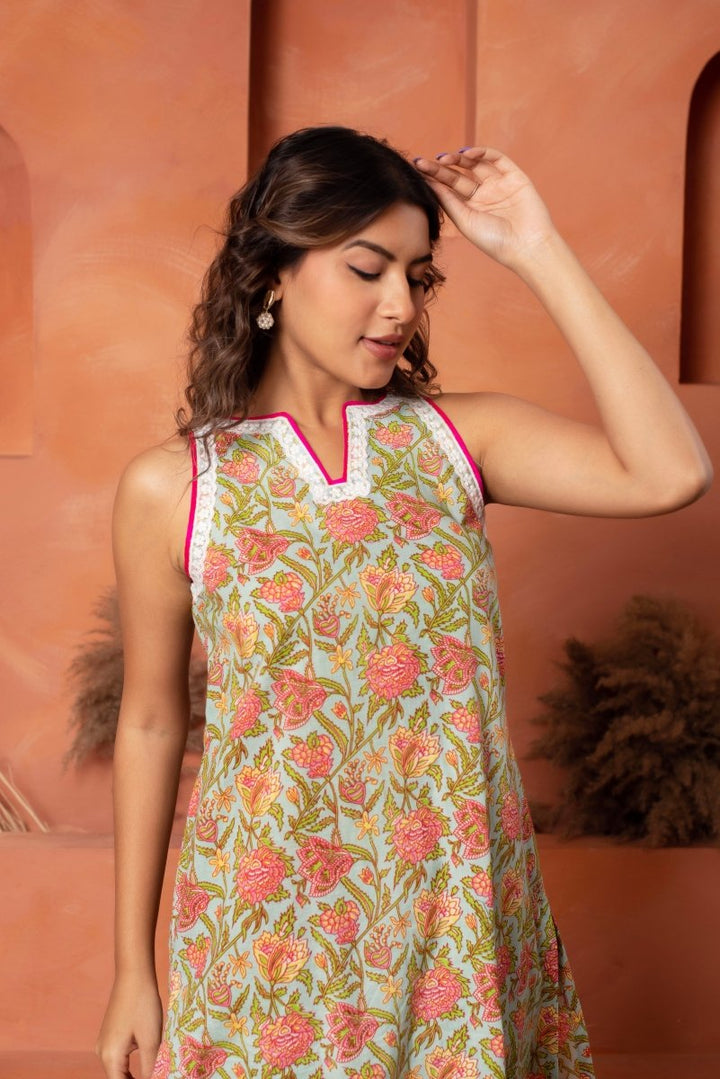 DHOOP CHAAV GREEN COTTON HAND BLOCK EMBROIDERY CO - ORD SET - Pomcha Jaipur