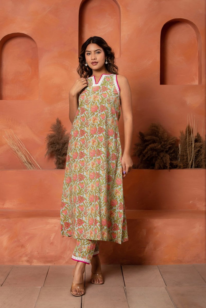 DHOOP CHAAV GREEN COTTON HAND BLOCK EMBROIDERY CO - ORD SET - Pomcha Jaipur