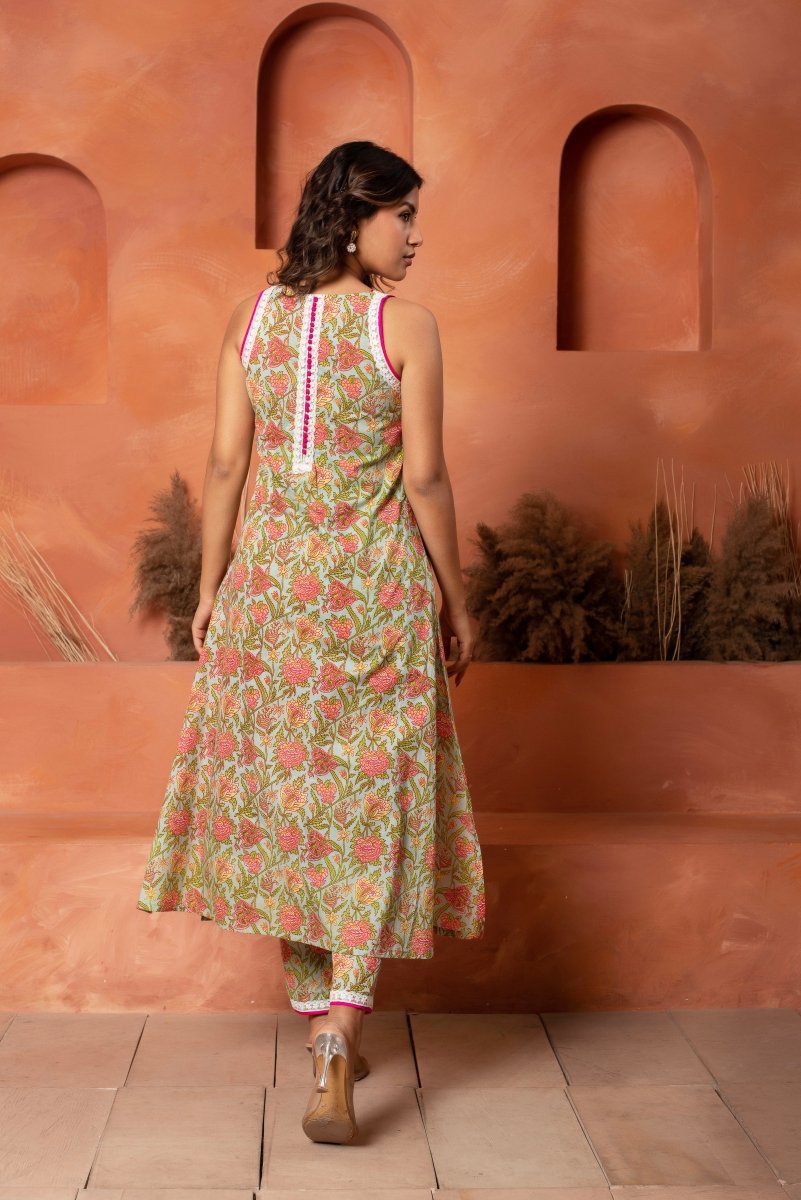 DHOOP CHAAV GREEN COTTON HAND BLOCK EMBROIDERY CO - ORD SET - Pomcha Jaipur