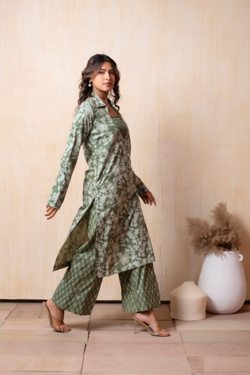 DHOOP CHAAV GREEN HAND BLOCK PRINT COTTON 3 PIECE SET - Pomcha Jaipur