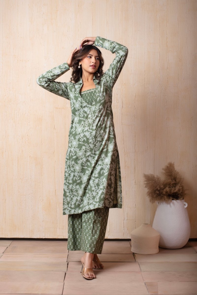 DHOOP CHAAV GREEN HAND BLOCK PRINT COTTON 3 PIECE SET - Pomcha Jaipur