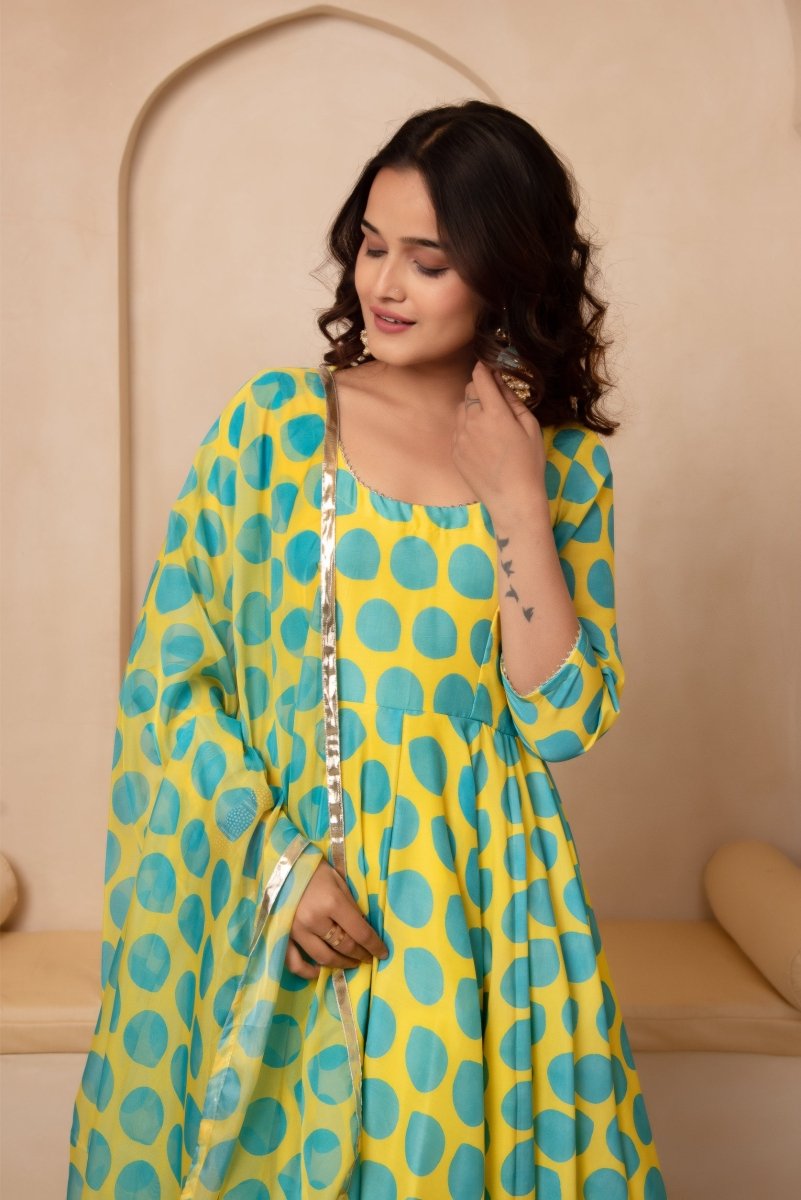 DHOOP CHAAV GREEN POLKA DOT MUSLIN ANARKALI SET WITH ORGANZA DUPATTA - Pomcha Jaipur