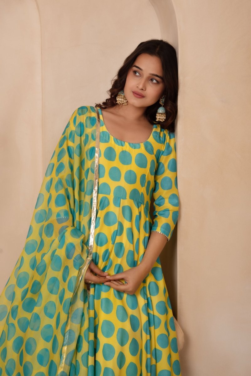 DHOOP CHAAV GREEN POLKA DOT MUSLIN ANARKALI SET WITH ORGANZA DUPATTA - Pomcha Jaipur