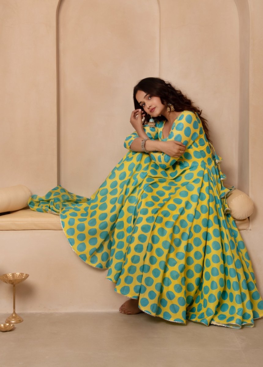 DHOOP CHAAV GREEN POLKA DOT MUSLIN ANARKALI SET WITH ORGANZA DUPATTA - Pomcha Jaipur