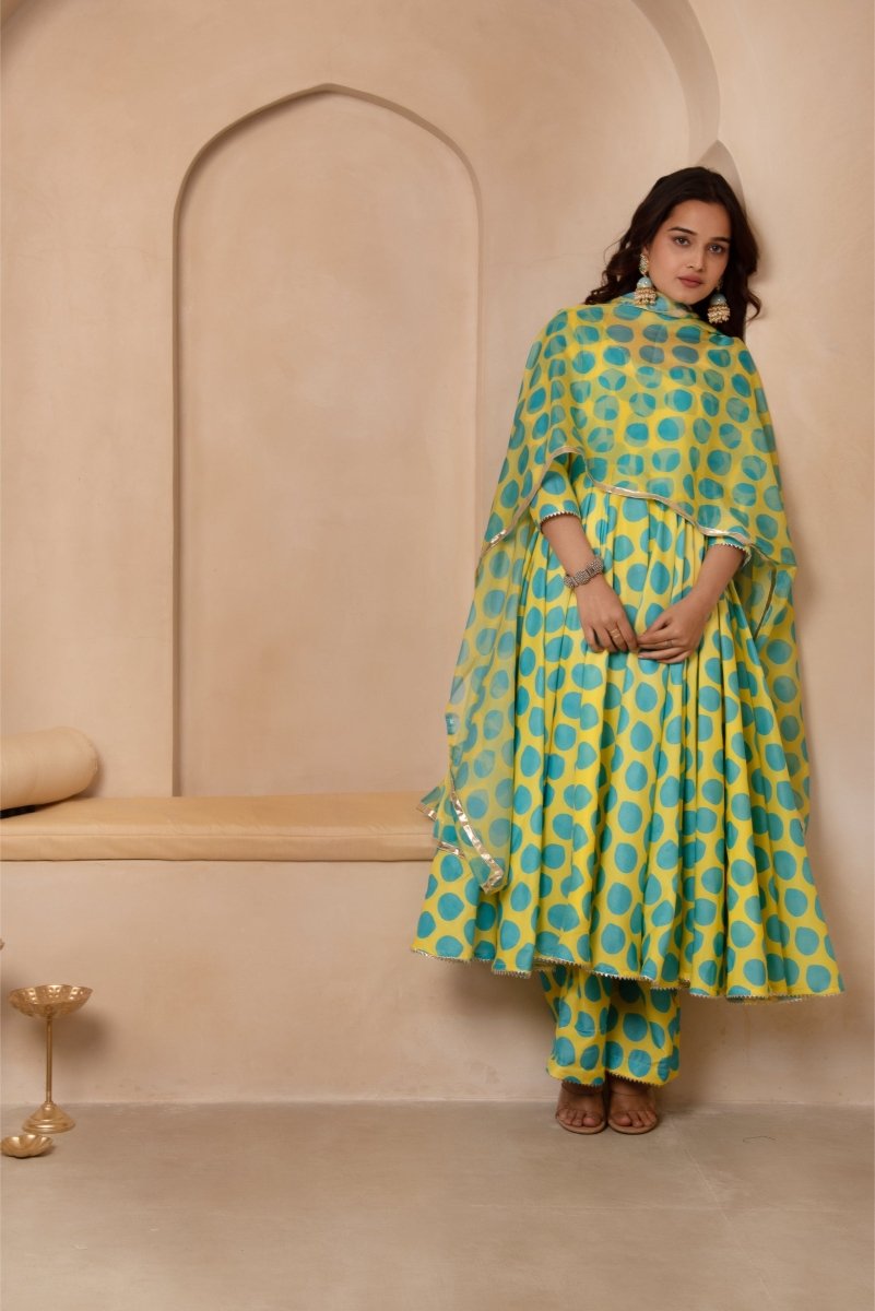 DHOOP CHAAV GREEN POLKA DOT MUSLIN ANARKALI SET WITH ORGANZA DUPATTA - Pomcha Jaipur