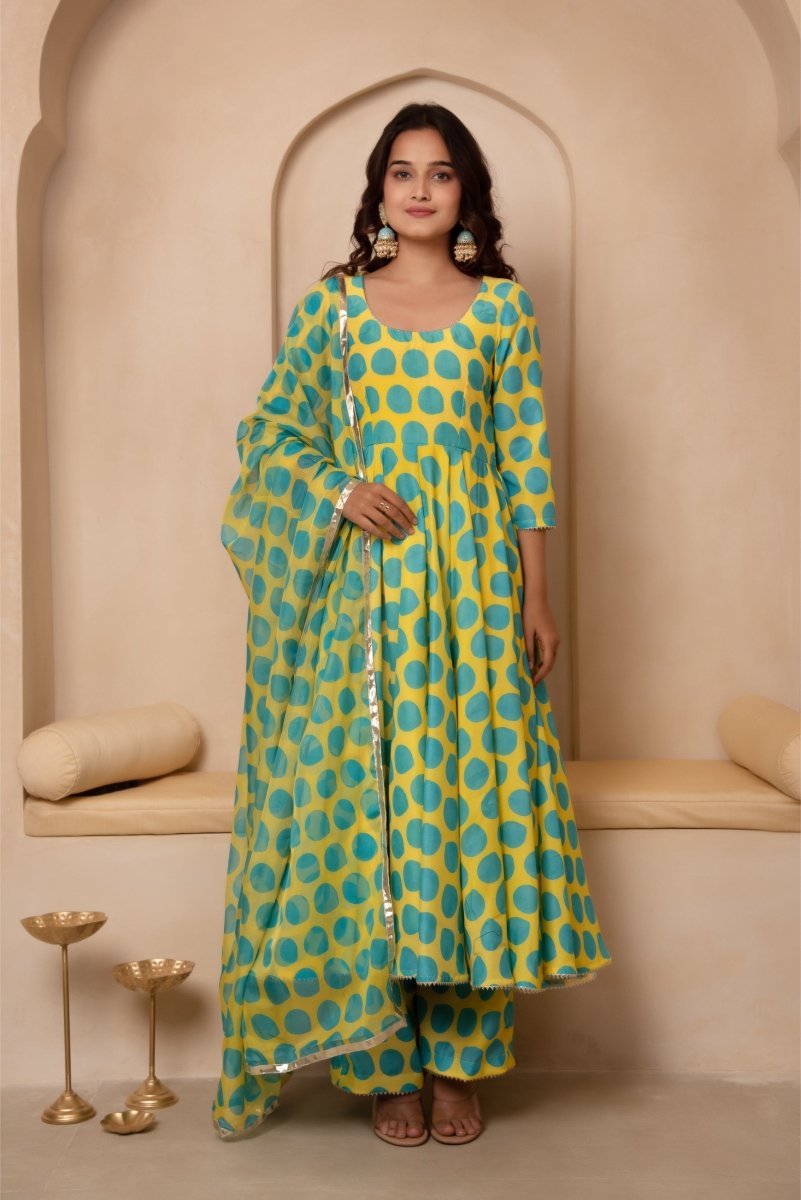 DHOOP CHAAV GREEN POLKA DOT MUSLIN ANARKALI SET WITH ORGANZA DUPATTA - Pomcha Jaipur