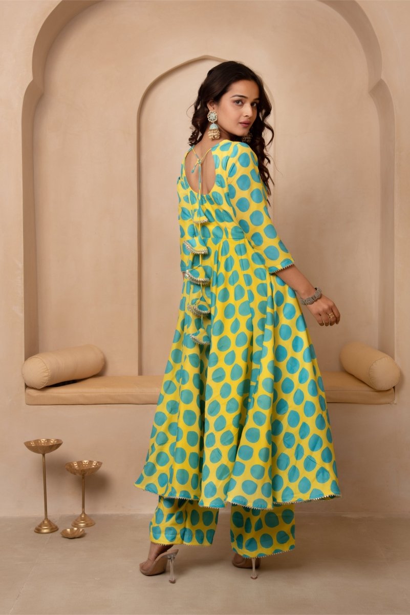 DHOOP CHAAV GREEN POLKA DOT MUSLIN ANARKALI SET WITH ORGANZA DUPATTA - Pomcha Jaipur