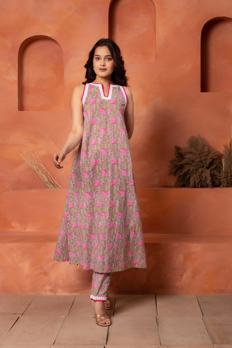 DHOOP CHAAV GREY HAND BLOCK COTTON CO - ORD SET - Pomcha Jaipur