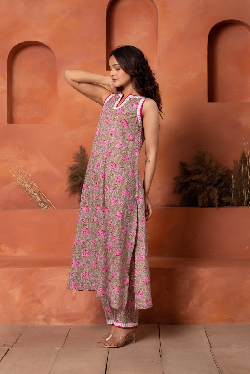 DHOOP CHAAV GREY HAND BLOCK COTTON CO - ORD SET - Pomcha Jaipur