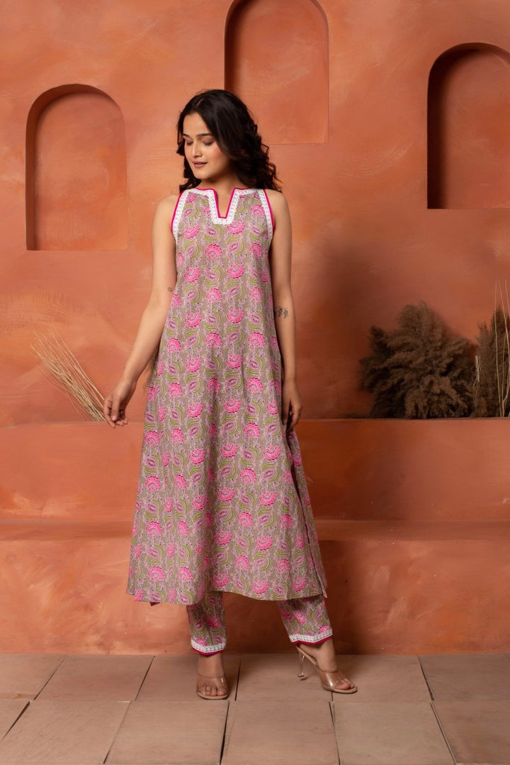 DHOOP CHAAV GREY HAND BLOCK COTTON CO - ORD SET - Pomcha Jaipur