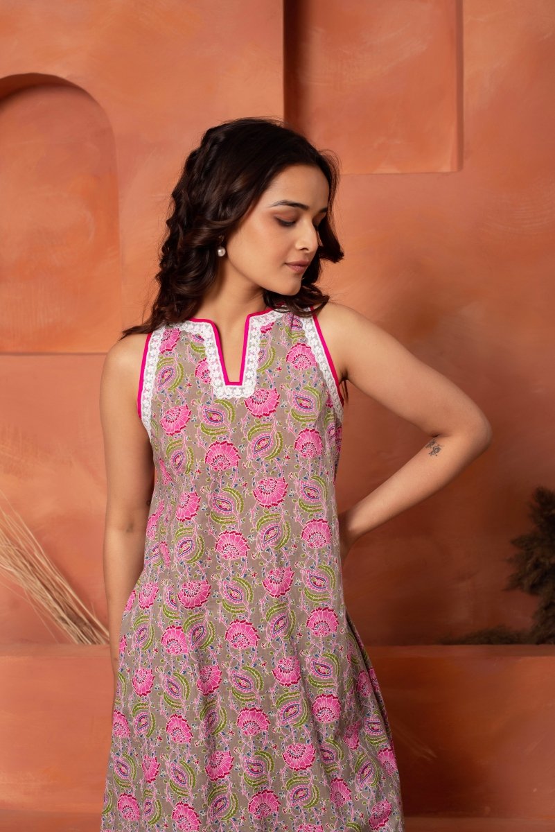 DHOOP CHAAV GREY HAND BLOCK COTTON CO - ORD SET - Pomcha Jaipur