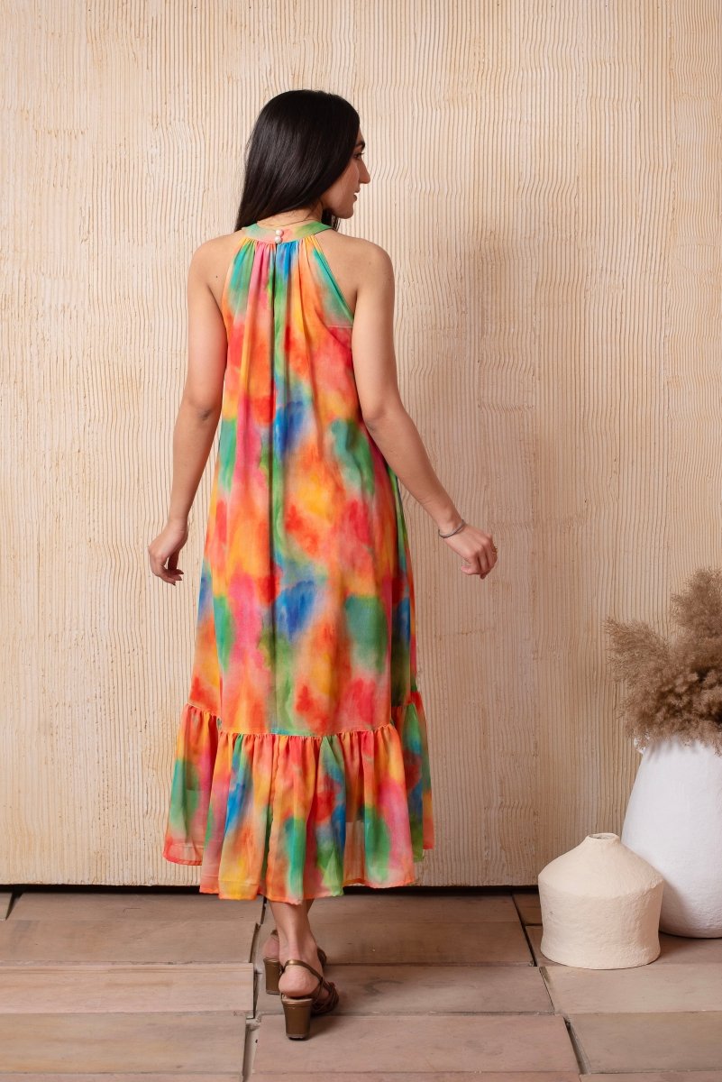 midi dress laila DHOOP CHAAV LAILA DYED PRINT HALTER NECK GEORGETTE MIDI DRESS