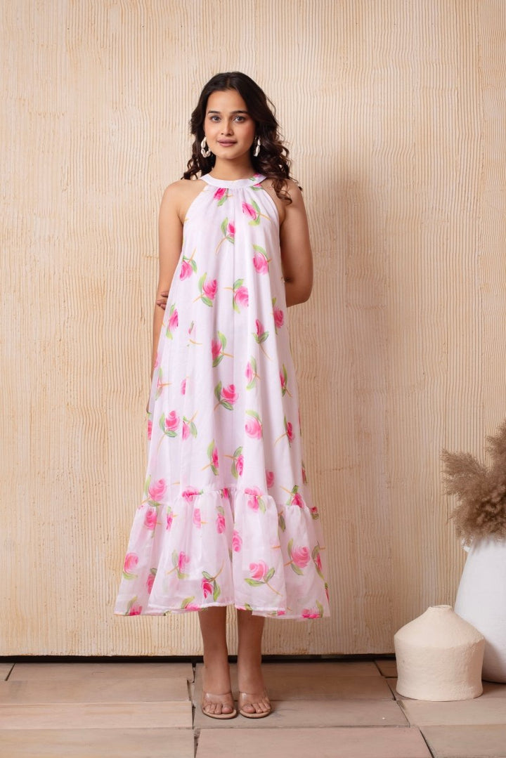 DHOOP CHAAV LAILA PINK ROSE HALTER NECK ORGANZA MIDI DRESS - Pomcha Jaipur